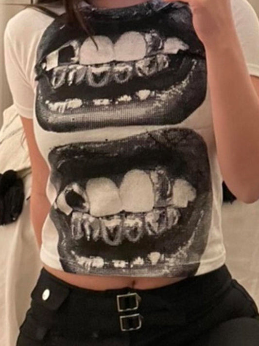 Punk T Shirt mit Kurzarm und Zahn Druck