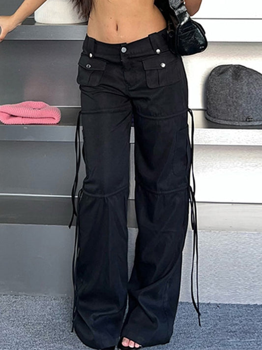 Schwarze Hip Hop Niedriger Taille Cargohose mit Taschen und Bändern