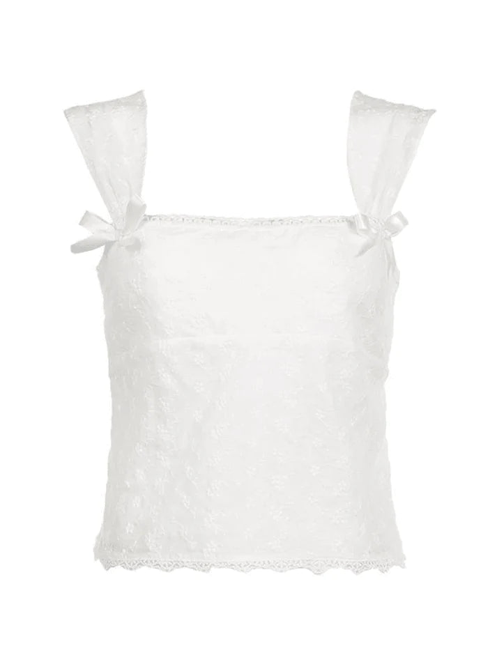 Vintage White Embroidered Tank Top with Lace Bows