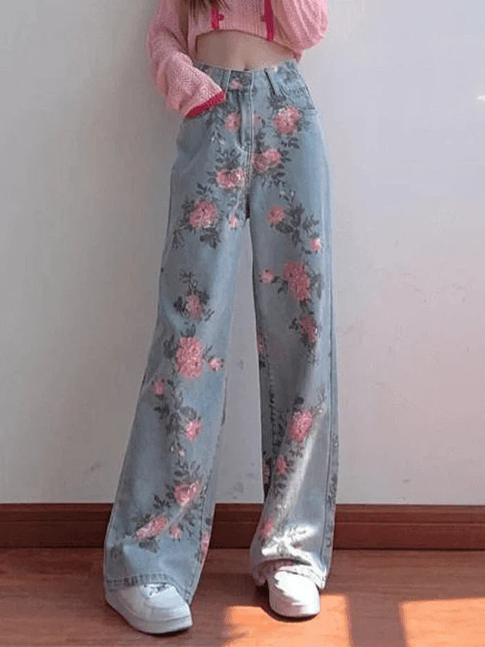 Y2K Boyfriend Jeans mit Hoher Taille und Blumenmuster