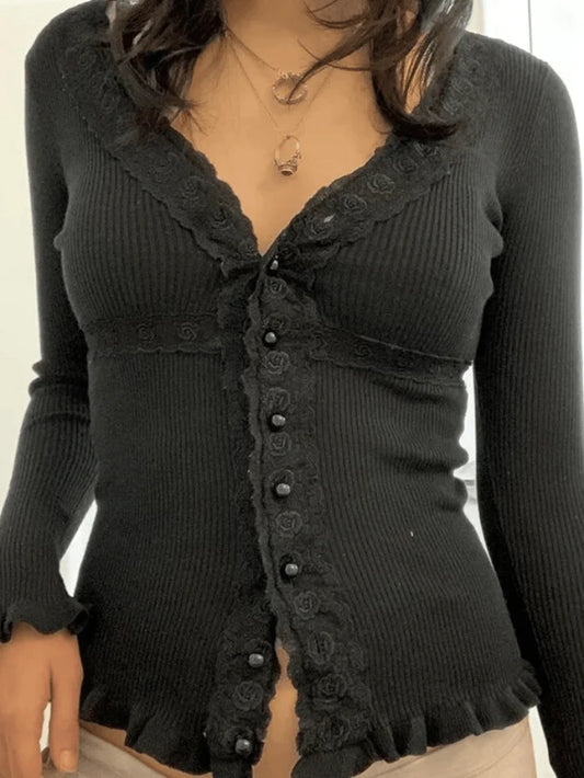 Vintage Black Knit Top with Front Buttons and Lace