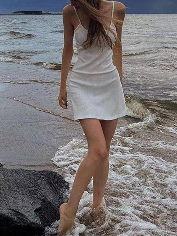 Weißes Vintage Sommer Strand Schlankes Minikleid
