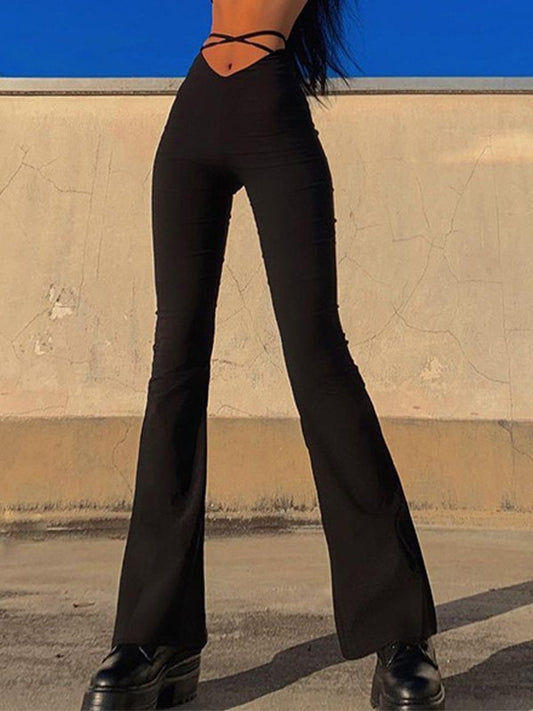 Black flared trousers with V-shaped lacing