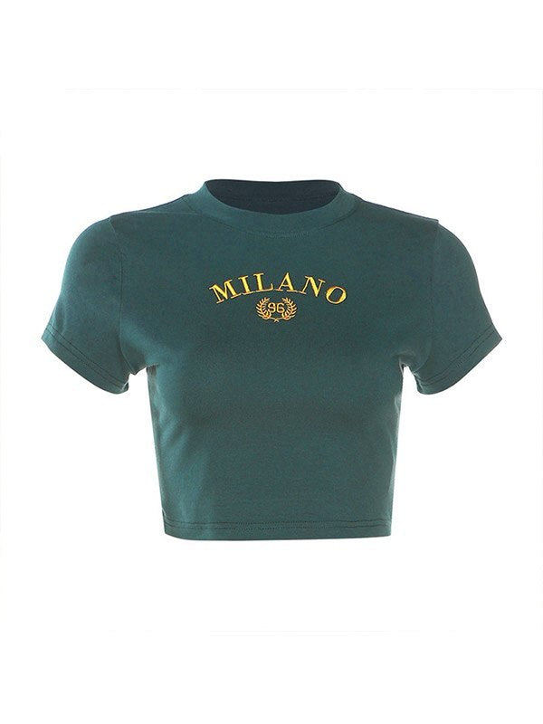 Green short sleeve crop top with embroidered vintage logo