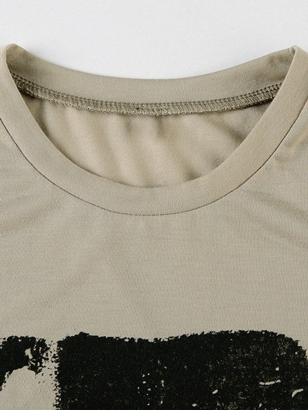 Khaki Vintage Bedrucktes Crop Top mit Kurzen Ärmeln