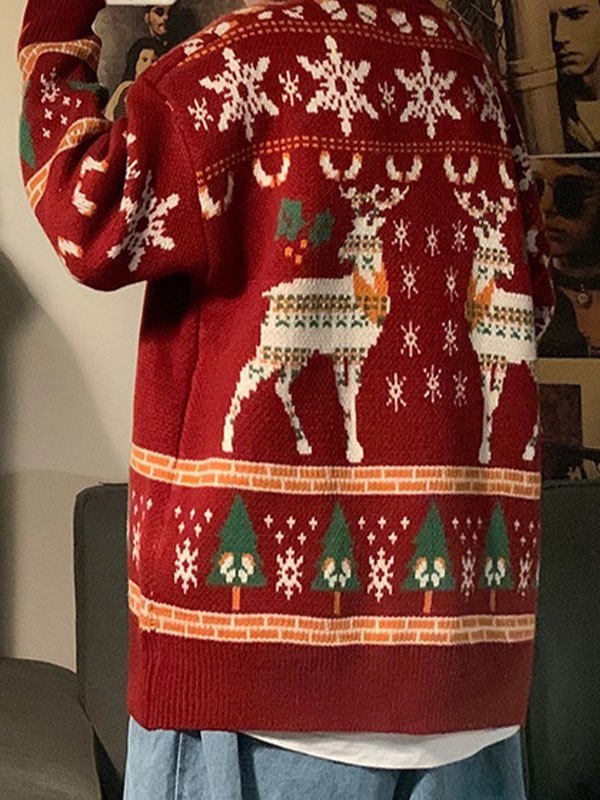 Vintage Pullover mit Rundhalsausschnitt und Weihnachtshirsch Print
