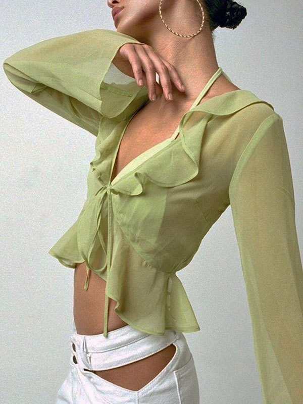 Vintage Durchsichtige Mesh Langarm Crop Bluse mit Rüschen