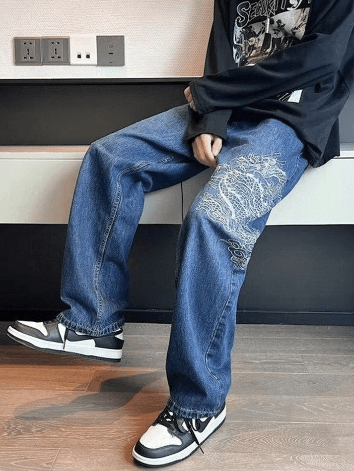 Blau Hip Hop Herren Straight Leg Jeans mit Drachenstickerei