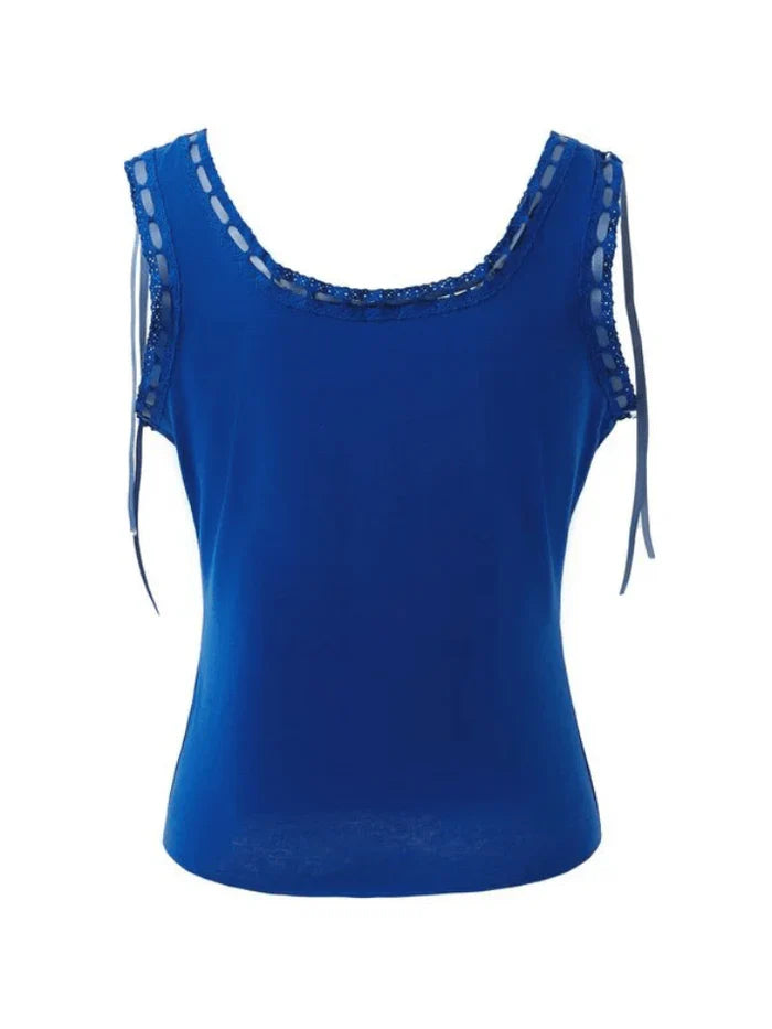 Blau Vintage Halsausschnitt Spitzen Stitching Cami Top