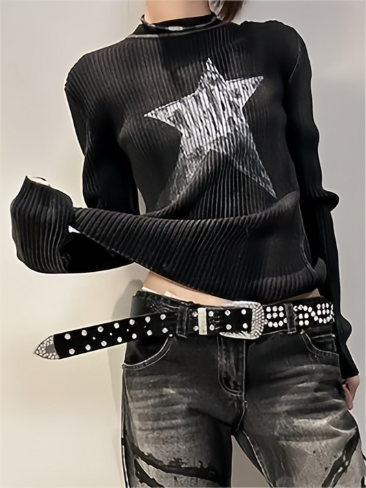 Black Y2K Slim Rib Long Sleeve Knit Top with Star Pattern