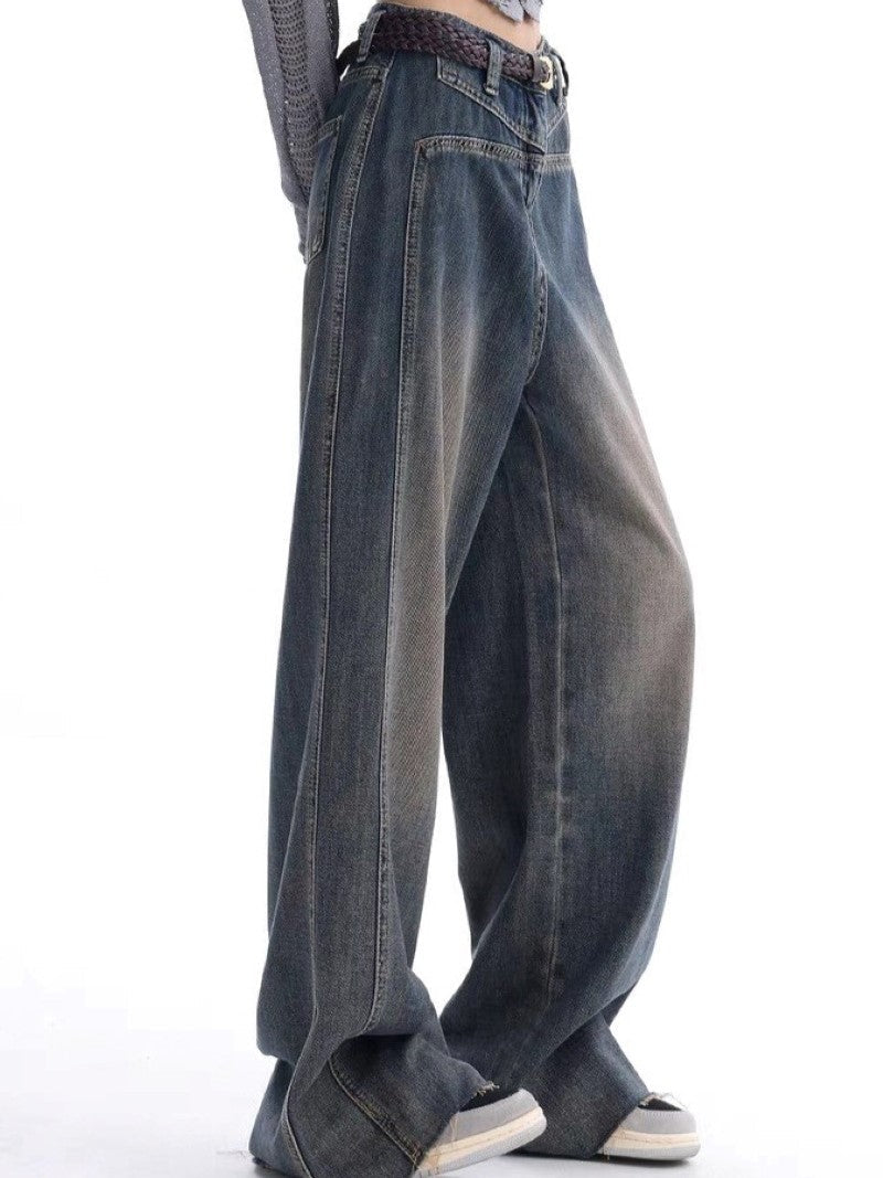 Vintage faded baggy boyfriend jeans with grosgrain detail