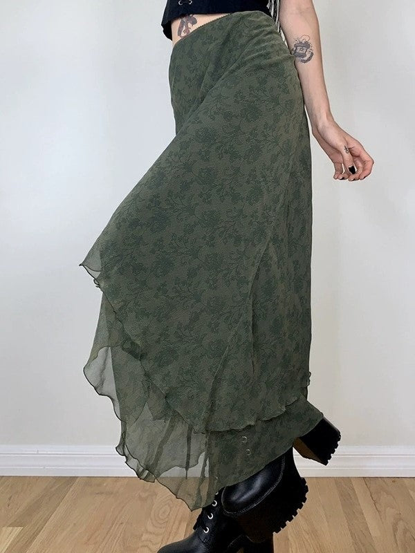 Green vintage asymmetrical midi skirt with floral pattern and ruffles