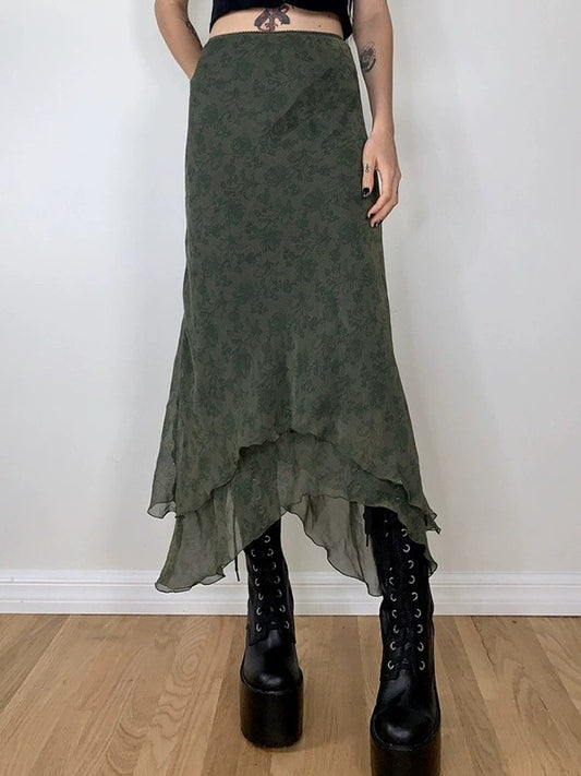 Green vintage asymmetrical midi skirt with floral pattern and ruffles