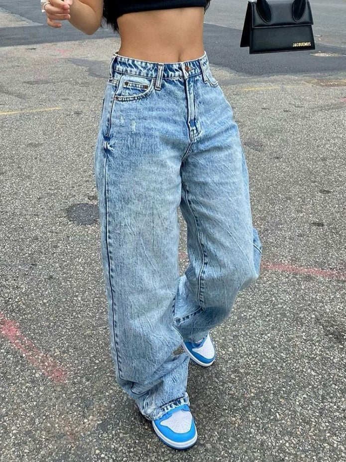2000s Y2k Blue Straight Leg Boyfriend Jeans with Wash Effect