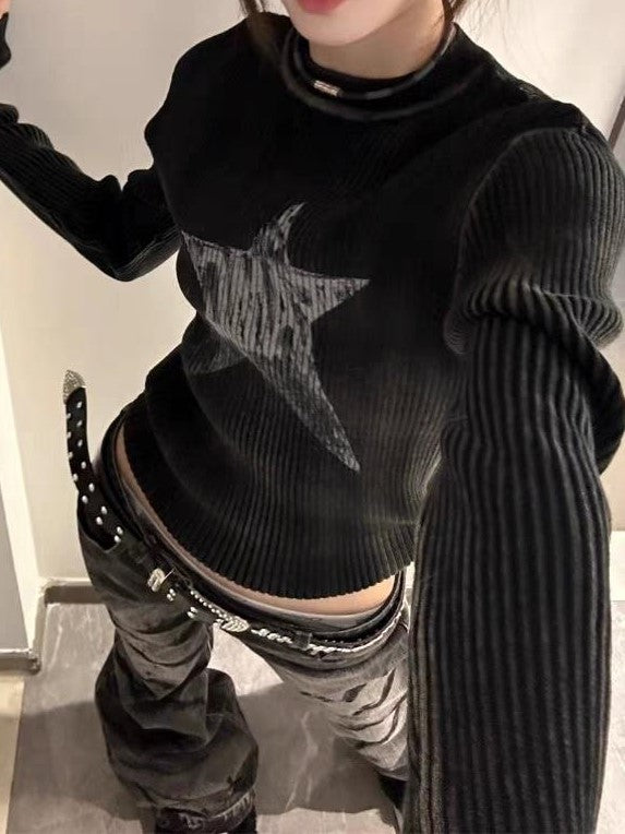 Black Y2K Slim Rib Long Sleeve Knit Top with Star Pattern