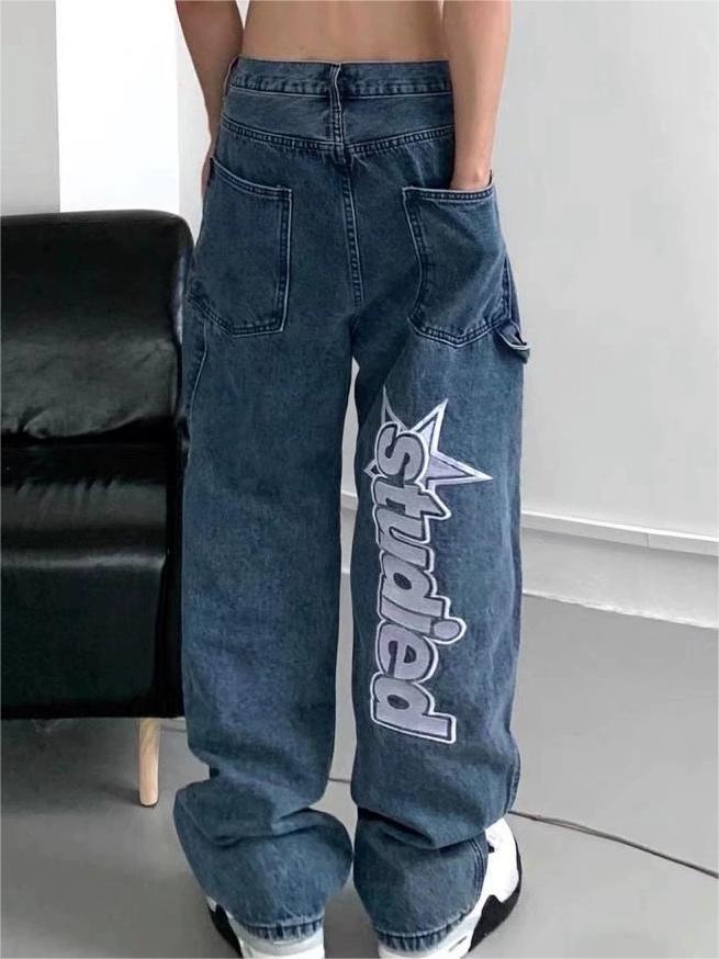 Hip hop straight leg baggy jeans with slogan 