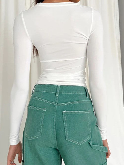 Classic Solid Color Long Sleeve Stretch Basic Crop Top