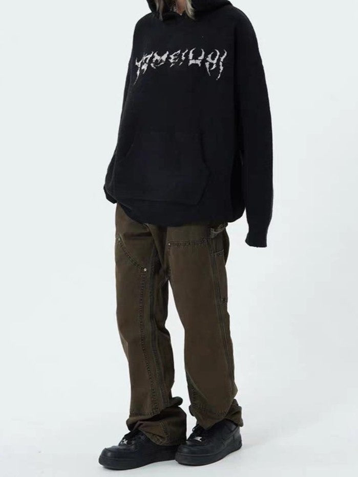 Black punk hoodie with skull jacquard pattern