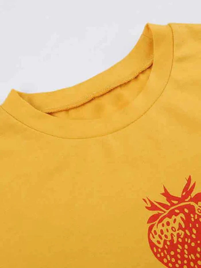 Gelbes Y2K Erdbeer Briefdruck Crop T-Shirt mit Kurzen Ärmeln