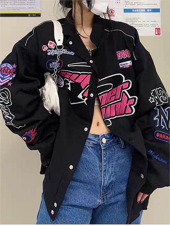 Black vintage motorcycle bomber jacket with embroidery