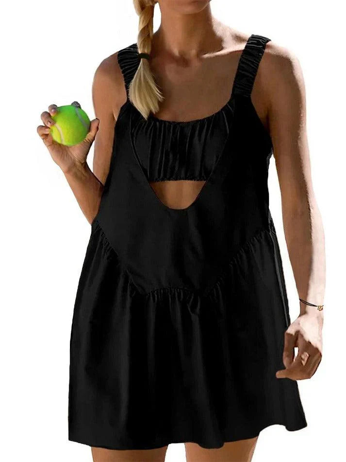 Schwarzes Sweet Tennis Workout Minikleid mit Integriertem BH und Shorts