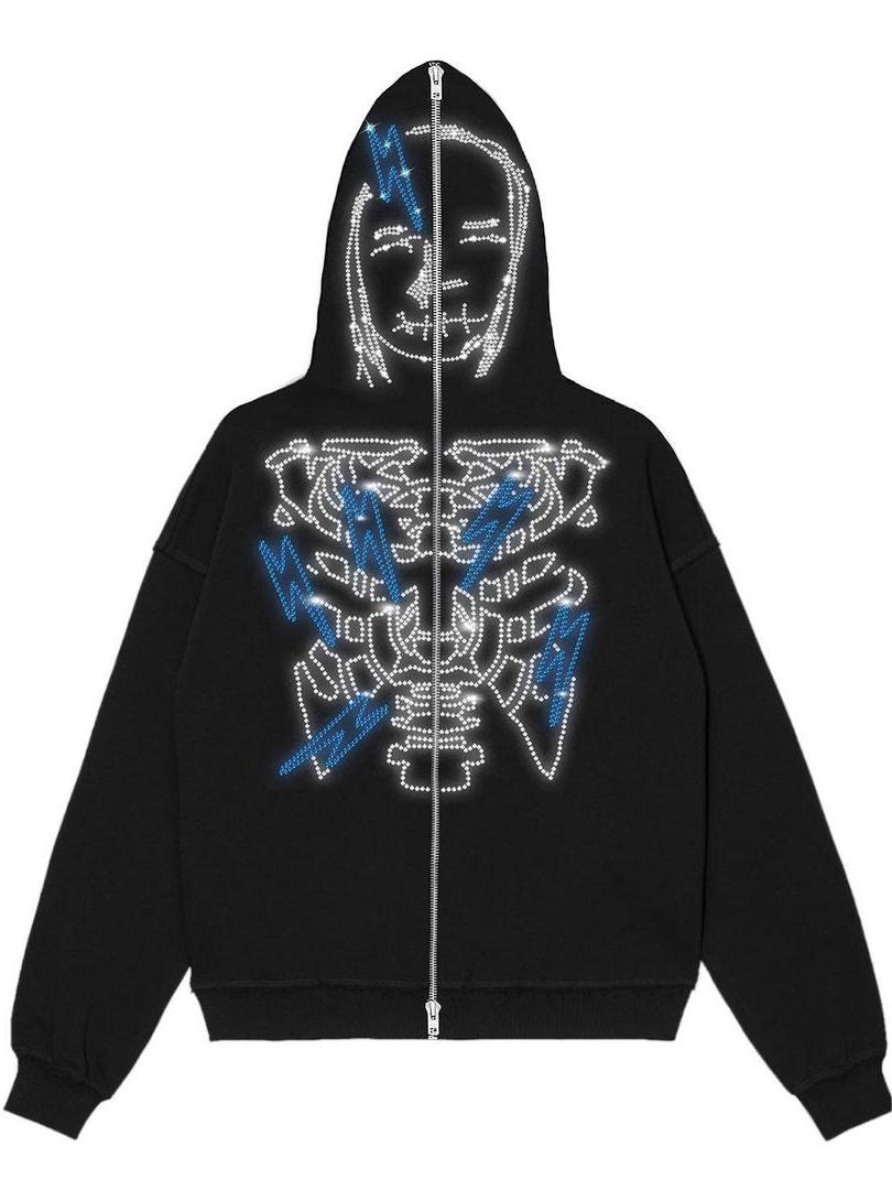 Zip up hoodie with glittering rhinestones and face motif