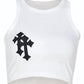 White crop tank top with knitted cross patches